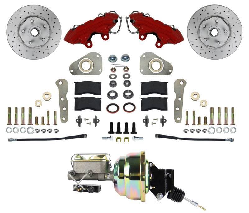 Power Front Disc Brake Conversion Ford Full Size 4 Piston - Factory Power Brake Cars | MaxGrip XDS Rotors | Red Calipers