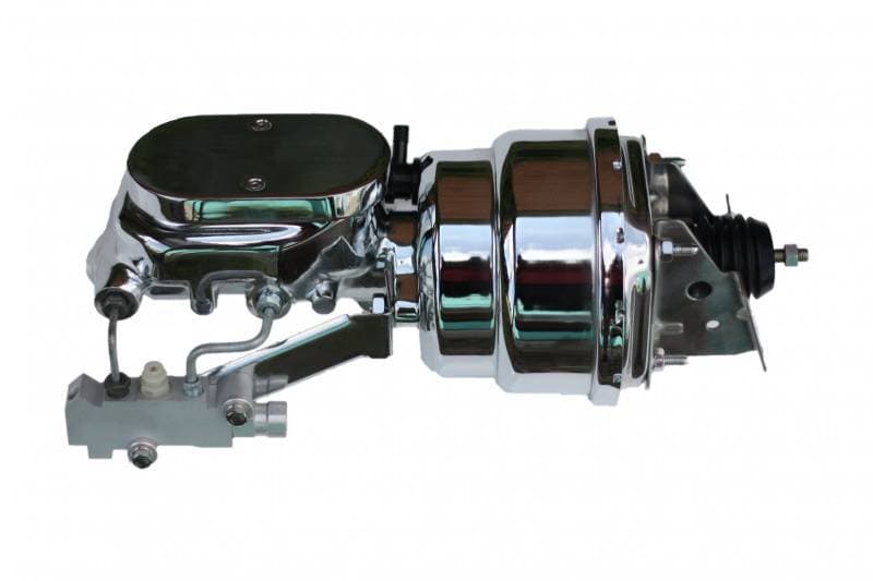 GM 7-Inch Chrome Dual Power Booster with 1-1/8 Inch Bore Flat Top Master Cylinder, Side Mount Valve, and Disc/Drum Brakes