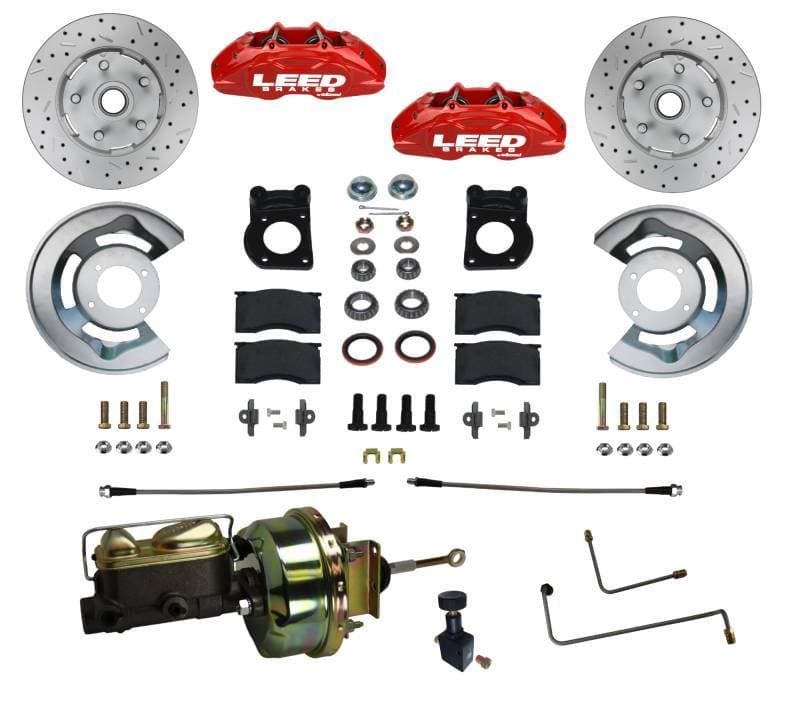 MaxGrip Lite 4 Piston Power Disc Brake Conversion with Red Calipers for 1964.5-66 Ford Mustang Automatic Trans