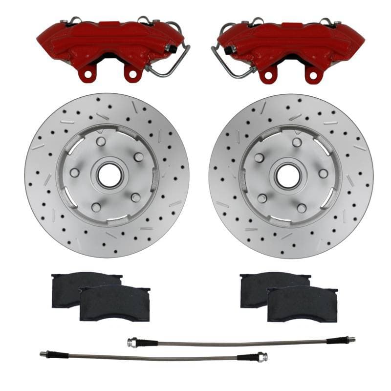 4 Piston Calipers | Caliper Upgrade for 1964-67 Mustang with MaxGrip XDS Rotors & Red Powder Coated Calipers