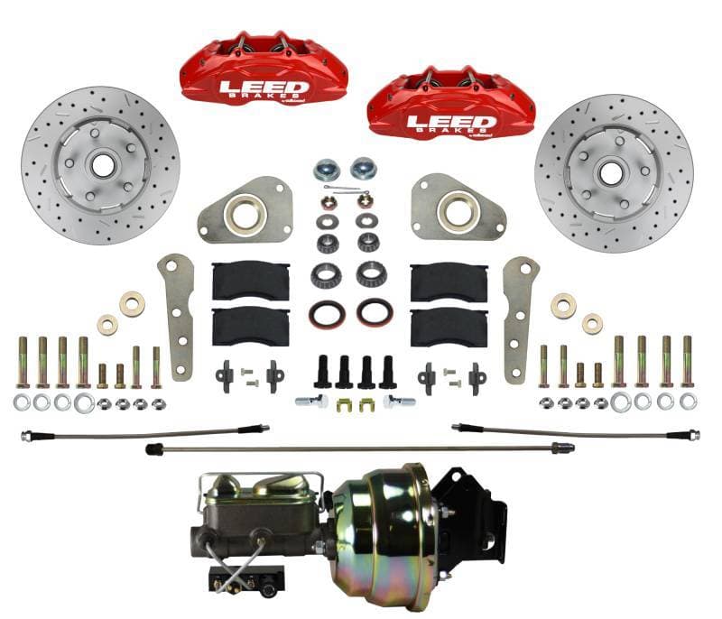 1957-1968 Ford Full-Size Power Front Disc Brake Conversion Kit, MaxGrip Lite 4-Piston, Red Calipers