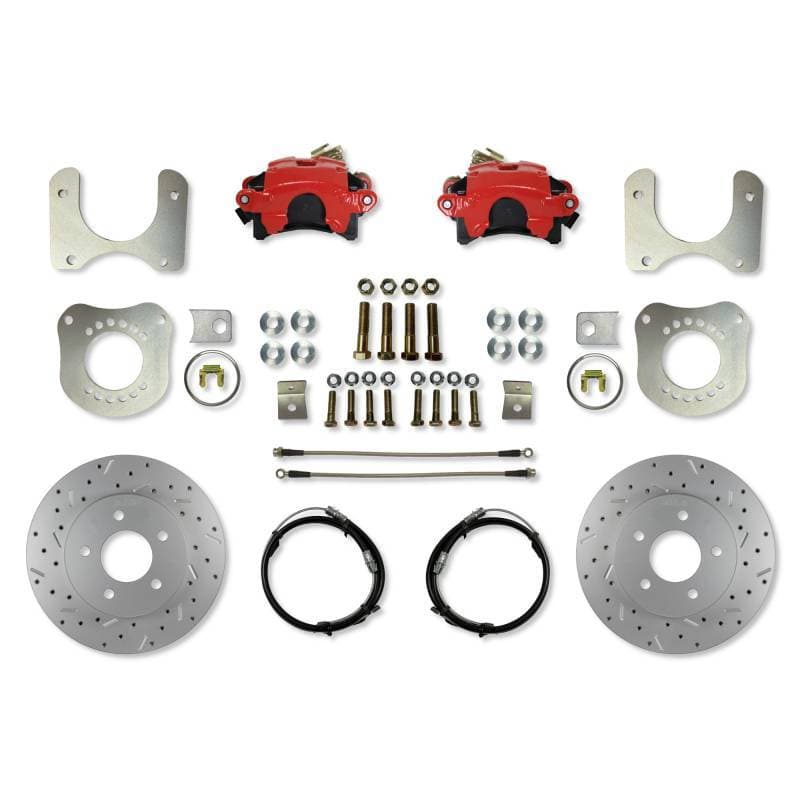 Rear Disc Brake Conversion Kit with 5-Lug MaxGrip XDS Rotors and Red Calipers for 1979–1986 Ford Mustang Fox Body 7.5 & 8.8 Axles