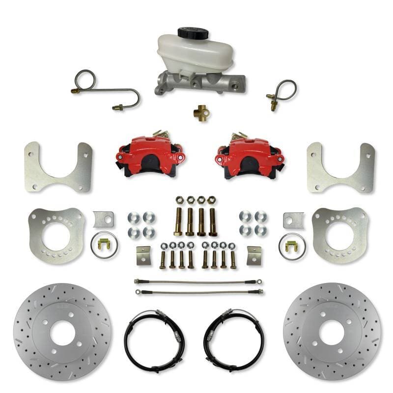 Rear Disc Brake Conversion Kit with 4-Lug MaxGrip XDS Rotors and Red Calipers for 1987–1992 Ford Mustang Fox Body 7.5 & 8.8 Axles