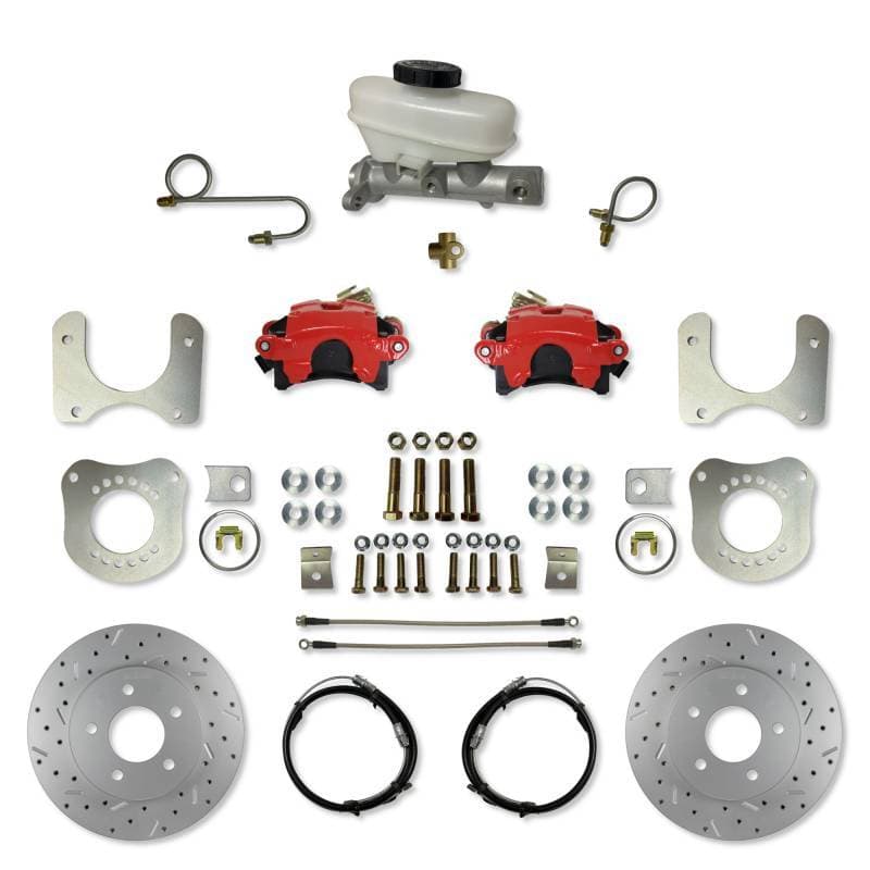 Rear Disc Brake Conversion Kit with 5-Lug MaxGrip XDS Rotors and Red Calipers for 1987–1992 Ford Mustang Fox Body 7.5 & 8.8 Axles