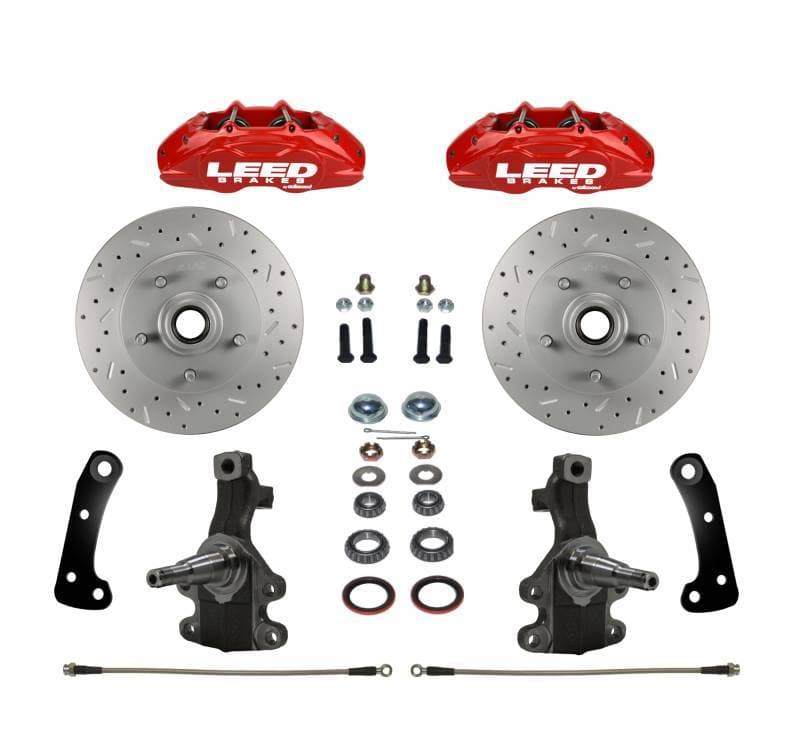 MaxGrip Lite 4 Piston Disc Brake Conversion Kit for GM AFX Body - 2 Inch Drop Spindles - Red Powder Coated