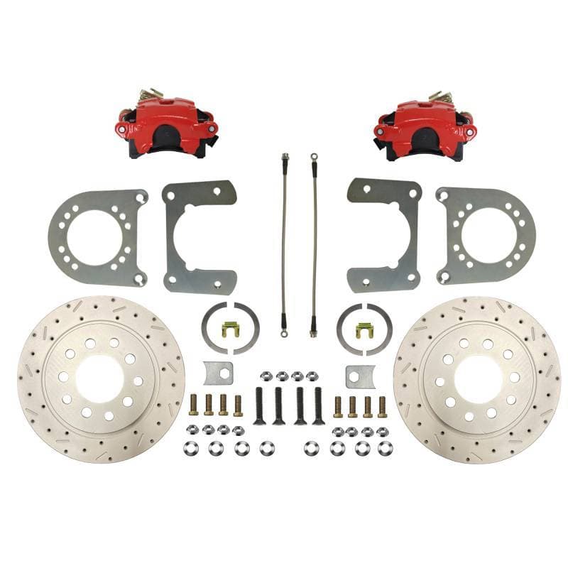 Rear Disc Brake Conversion Kit -  Small Bearing 8 in & 9 in Rear Axle  5 x 5 Wheel Bolt Pattern - Red Calipers