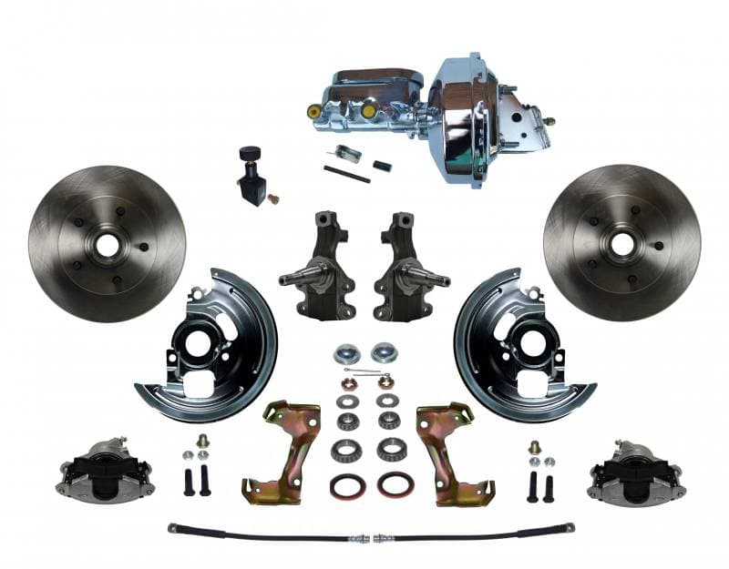 Power Front Disc Brake Conversion Kit 2" Drop Spindle with 9" Chrome Booster Flat Top Chrome M/C Adjustable Proportioning Valve