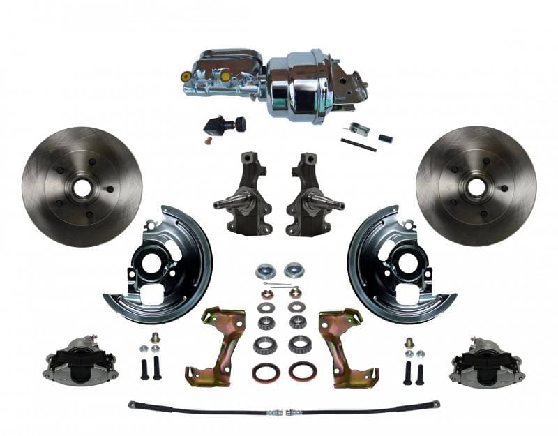 Power Front Disc Brake Conversion Kit 2" Drop Spindle with 7" Dual Chrome Booster Flat Top Chrome M/C Adjustable Proportioning Valve