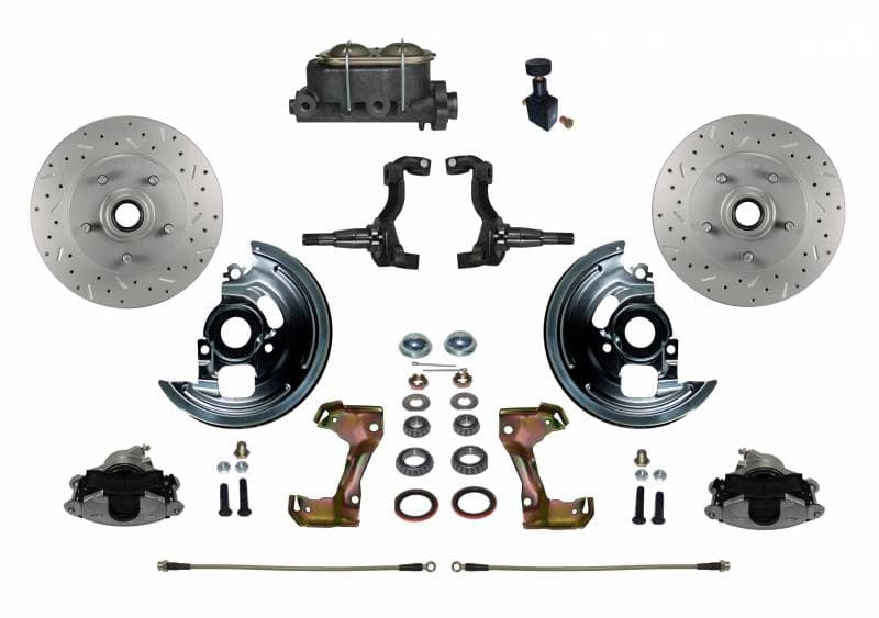 Manual Front Disc Brake Conversion Kit with Cross Drilled and Slotted Rotors, Cast Iron Master Cylinder, and Adjustable Proportioning Valve for GM AFX Body