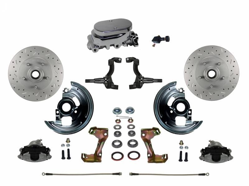 Manual Front Disc Brake Conversion Kit with Cross Drilled And Slotted Rotors, Chrome Aluminum Flat Top Master Cylinder, and Adjustable Proportioning Valve for GM AFX