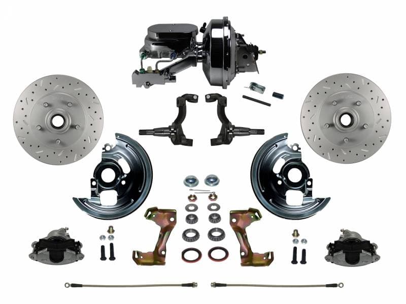 GM AFX Power Front Disc Brake Conversion Kit Cross Drilled and Slotted Rotors with 9" Chrome Booster Flat Top Chrome M/C Disc/Disc Side Mount