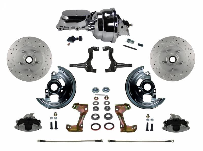 GM AFX Power Front Disc Brake Conversion Kit Cross Drilled and Slotted Rotors with 8" Dual Chrome Booster Flat Top Chrome M/C Adjustable Proportioning Valve