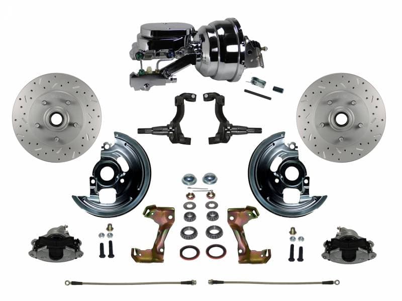 GM AFX Power Front Disc Brake Conversion Kit Cross Drilled and Slotted Rotors with 8" Dual Chrome Booster Flat Top Chrome M/C Disc/Disc Side Mount