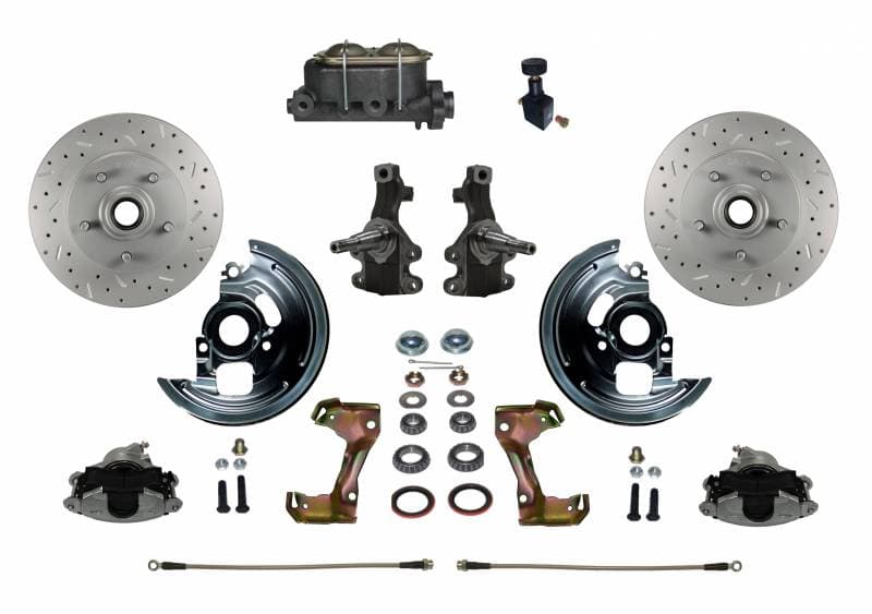 Manual Front Disc Brake Conversion 2" Drop Spindle Cross Drilled and Slotted with Cast Iron Master Cylinder and Adjustable Proportioning Valve for 1964 to 1974 Chevy