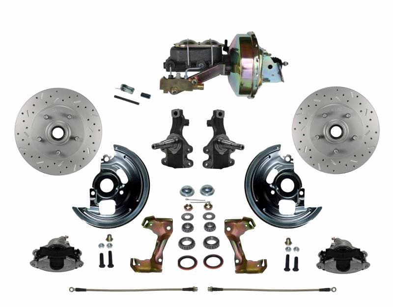 GM AFX Power Front Disc Brake Conversion Kit 2" Drop Spindle Cross Drilled and Slotted Rotors with 9" Zinc Booster Cast Iron M/C Disc/Disc Side Mount