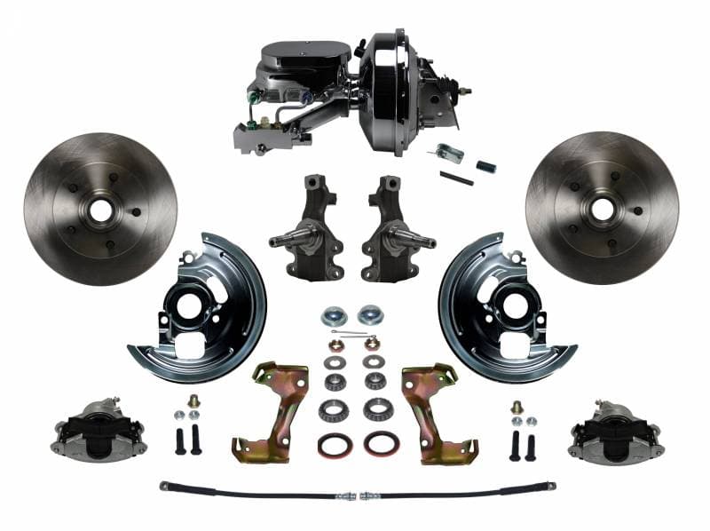 GM AFX Power Front Disc Brake Conversion Kit 2" Drop Spindle with 9" Chrome Booster Flat Top Chrome M/C Disc/Disc Side Mount
