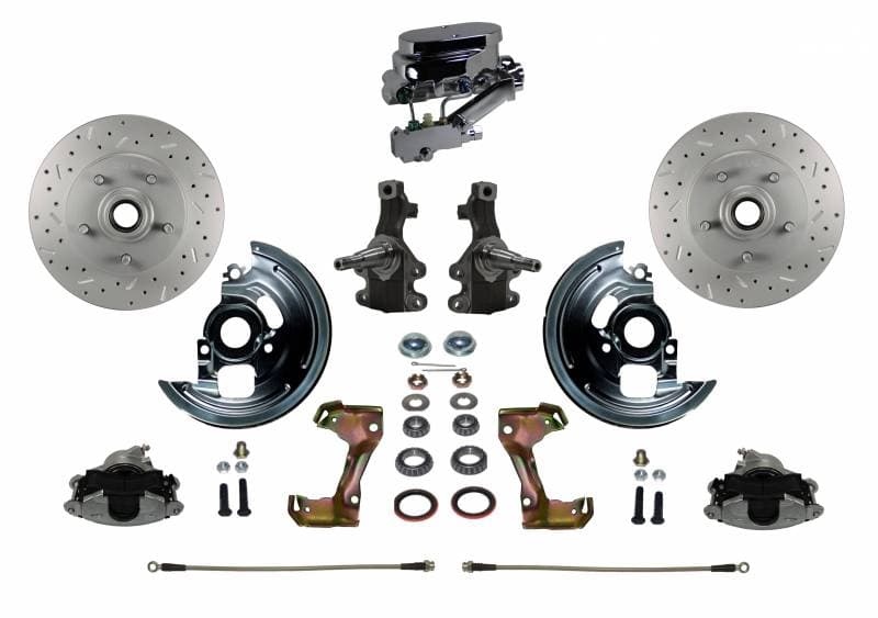 Manual Front Disc Brake Conversion 2" Drop Spindle Cross Drilled and Slotted with Chrome Aluminum Flat Top Master Cylinder Disc/Drum Side Mount for GM AFX Body