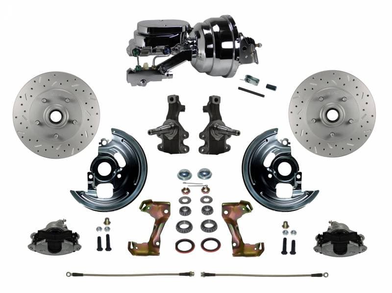 Power Front Disc Brake Conversion Kit 2" Drop Spindle Cross Drilled and Slotted Rotors with 8" Dual Chrome Booster Flat Top Chrome M/C Disc/Disc Side Mount for GM AFX
