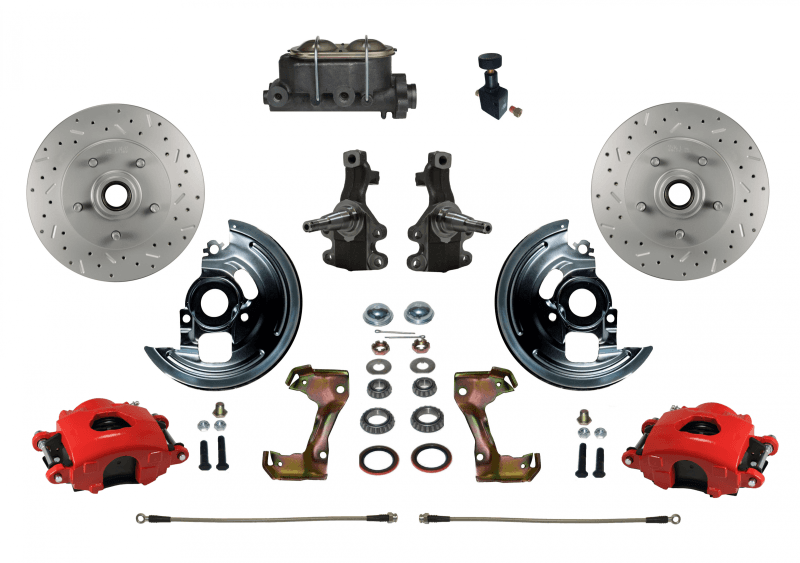Manual Front Disc Brake Kit with 2" Drop Spindles, Drilled and Slotted Rotors, Red Powder-Coated Calipers, Cast Iron Master Cylinder, and Adjustable Proportioning Valve for GM AFX Body