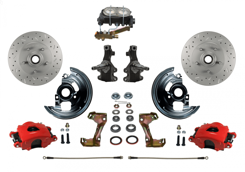 Manual Front Disc Brake Kit with 2" Drop Spindles, Drilled and Slotted Rotors, Red Powder-Coated Calipers, Cast Iron Master Cylinder, Disc/Disc for GM AFX Body