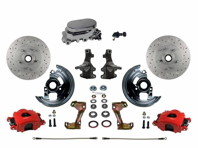 GM AFX Manual Front Disc Brake Conversion Kit – 2" Drop Spindles, Red Calipers, Chrome Master Cylinder