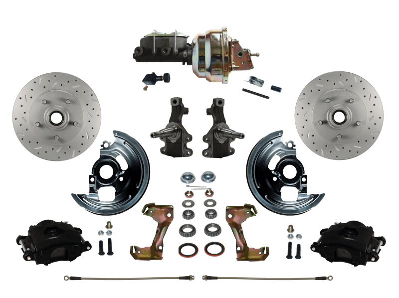 GM AFX Power Front Disc Brake Kit with 2" Drop Spindles, Drilled & Slotted Rotors, Black Calipers, 8" Dual Booster & Adjustable Proportioning Valve