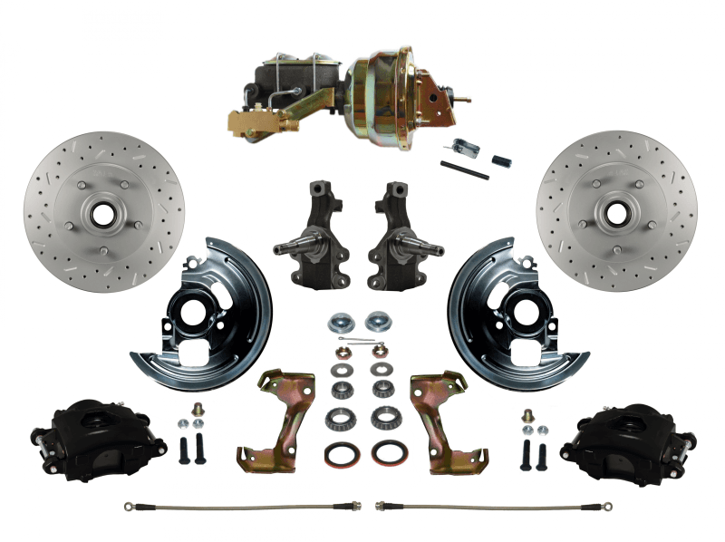 GM AFX Power Front Disc Brake Kit 2" Drop Spindles Drilled and Slotted Rotors Black Powder Coated Calipers 8" Dual Booster Disc/Disc