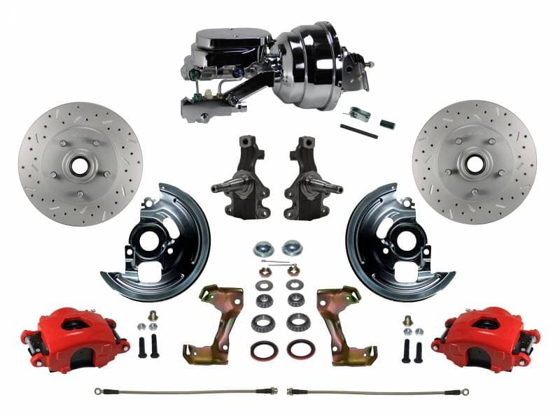 GM AFX Power Front Disc Brake Kit 2" Drop Spindle Drilled and Slotted Rotors Red Powder Coated Calipers 8" Dual Chrome Booster Disc/Drum
