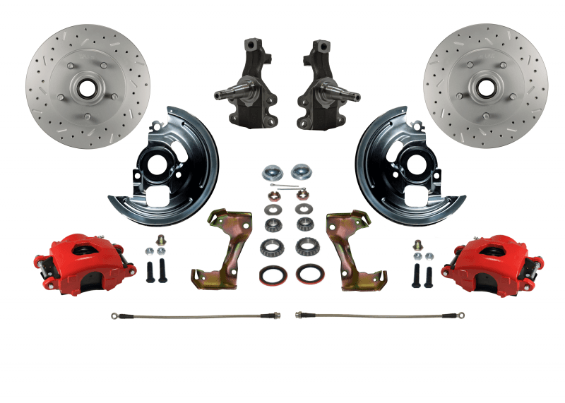 GM AFX Spindle Mount Kit 2" Drop Spindle Drilled and Slotted Rotors Red Powder Coated Calipers