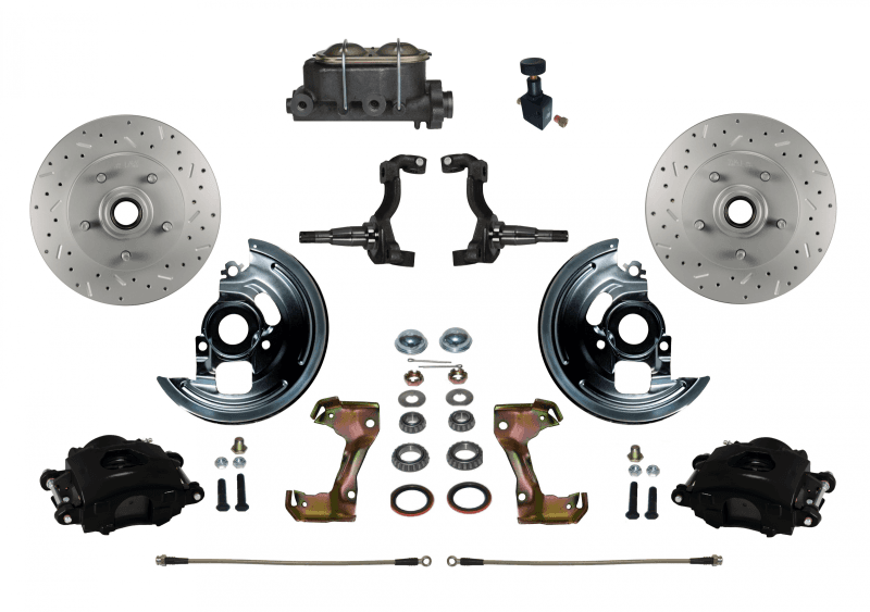 Manual Front Disc Brake Kit with Drilled and Slotted Rotors, Black Powder-Coated Calipers, and Adjustable Proportioning Valve for GM AFX