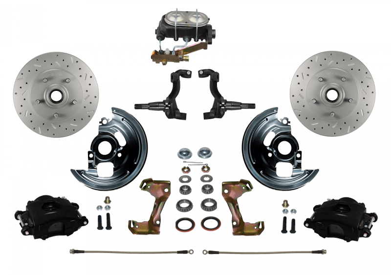 Manual Front Disc Brake Kit with Drilled and Slotted Rotors, Black Powder-Coated Calipers, Disc/Disc Side Mount for GM AFX
