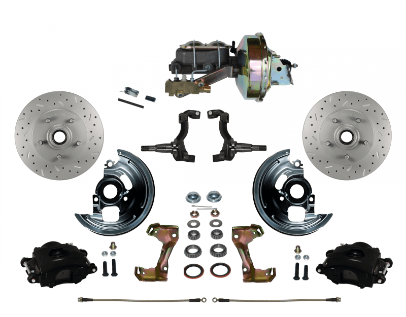 GM AFX Power Front Disc Brake Kit Drilled and Slotted Rotors, Black Powder Coated Calipers with 9" Booster Disc/Disc