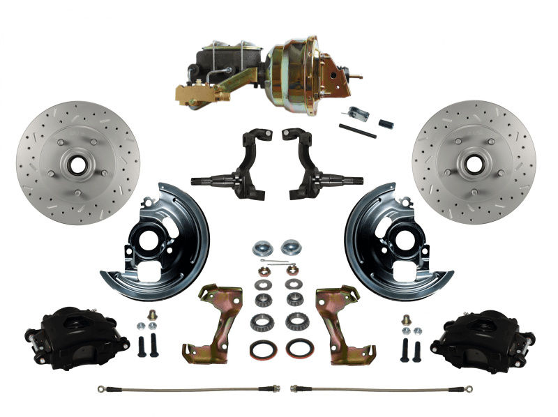 GM AFX Power Front Disc Brake Kit Drilled and Slotted Rotors Black Powder Coated Calipers with 8" Dual  Booster Disc/Drum