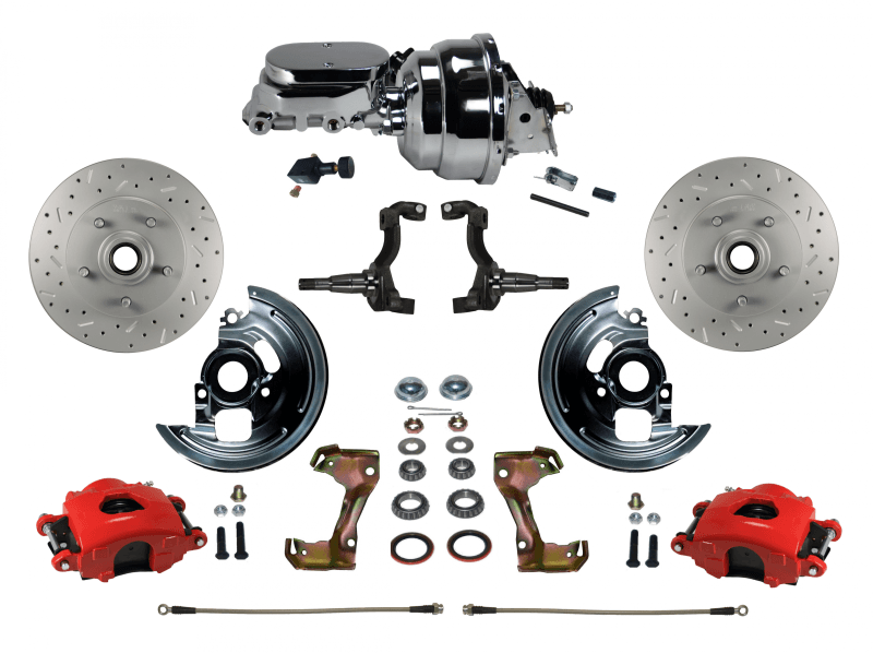 GM AFX Power Front Disc Brake Kit Drilled and Slotted Rotors Red Calipers with 8" Dual Booster & Adjustable Proportioning Valve