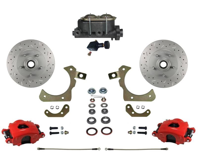 Manual Front Disc Brake Conversion Kit with Adjustable Proportioning Valve, MaxGrip XDS Rotors, Red Calipers for 1959-1964 Chevrolet