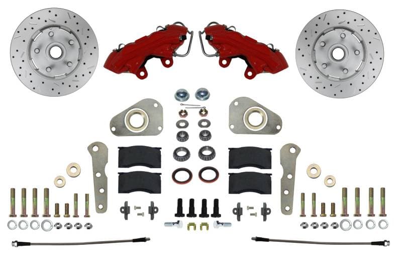 Front Spindle Kit with Drilled Rotors and Red Powder Coated Calipers for 1957-68 Full-Size Ford