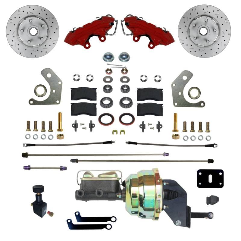 Power Front Disc Brake Kit with Drilled Rotors and Red Powder Coated Calipers for Mopar B & E Body