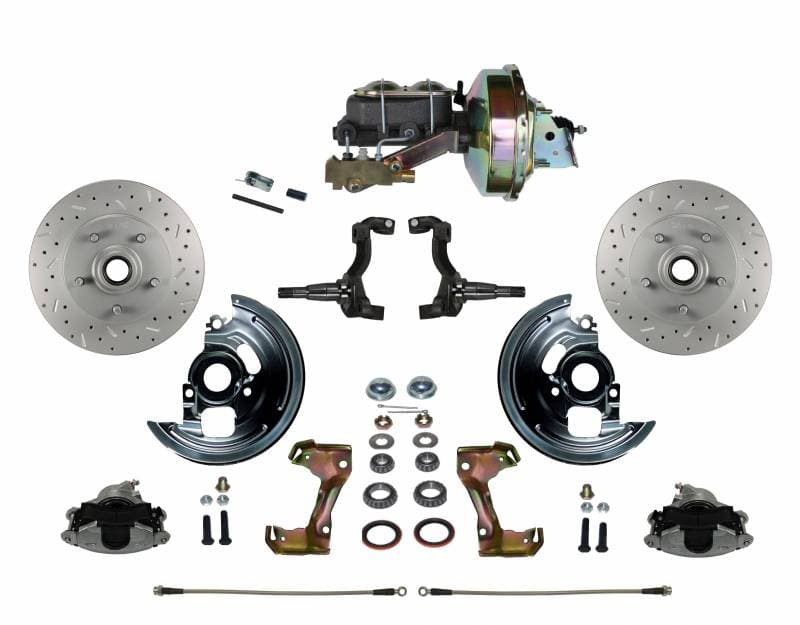GM AFX Power Front Disc Brake Conversion Kit Cross Drilled and Slotted Rotors with 9" Zinc Booster Cast Iron M/C Disc/Drum Side Mount