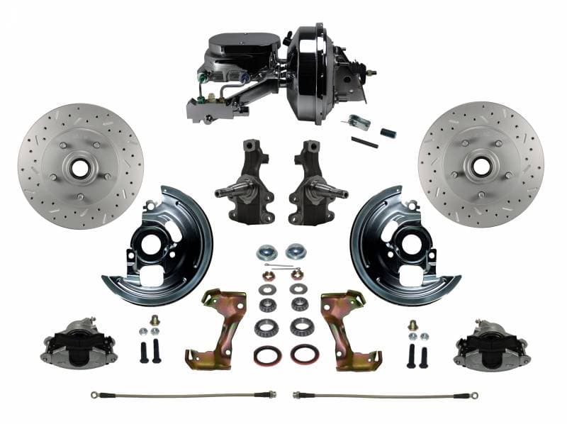 GM AFX Power Front Disc Brake Conversion Kit 2" Drop Spindle Cross Drilled and Slotted Rotors with 9" Chrome Booster Flat Top Chrome M/C Disc/Disc Side Mount