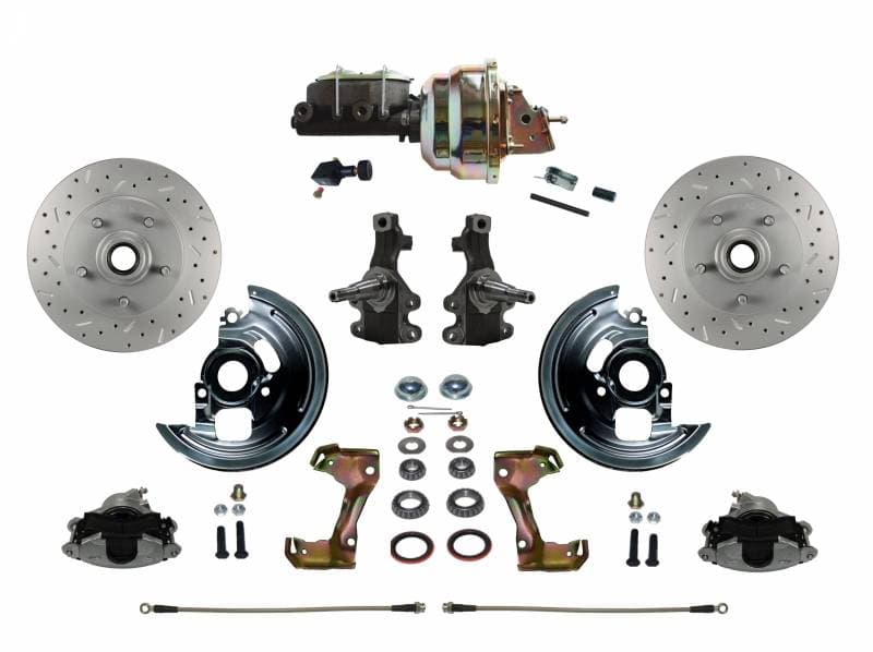 Power Front Disc Brake Conversion Kit 2" Drop Spindle Cross Drilled and Slotted Rotors with 8" Dual Zinc Booster Cast Iron M/C Adjustable Proportioning Valve for GM AFX Body