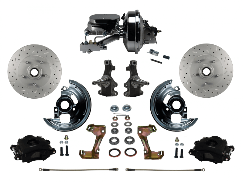 GM AFX Power Front Disc Brake Kit - 2" Drop Spindles, Drilled & Slotted Rotors, Black Calipers, and 9" Chrome Booster, Disc/Disc