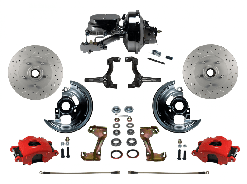 GM AFX Power Front Disc Brake Kit – Drilled & Slotted Rotors, Red Calipers, 9" Booster, Disc/Drum