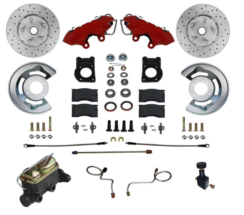 Manual Front Disc Brake Kit with Drilled Rotors and Red Calipers for 1970 Ford Mustang, Ranchero, Torino, or Mercury Cougar, Cyclone, Montego