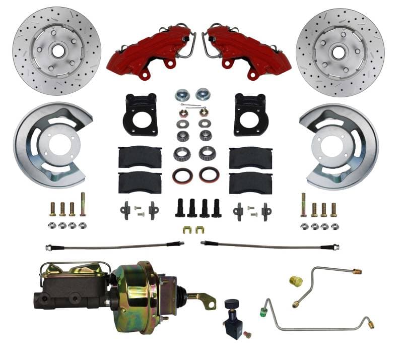 1964-66 Mustang Manual Tranmssion Power Front Kit with Drilled Rotors and Red Powder Coated Calipers