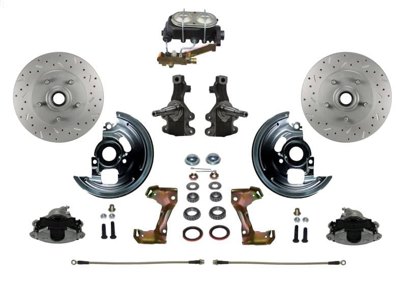 Manual Front Disc Brake Conversion 2" Drop Spindle Cross Drilled and Slotted with Cast Iron Master Cylinder Disc/Drum Side Mount for GM AFX Body